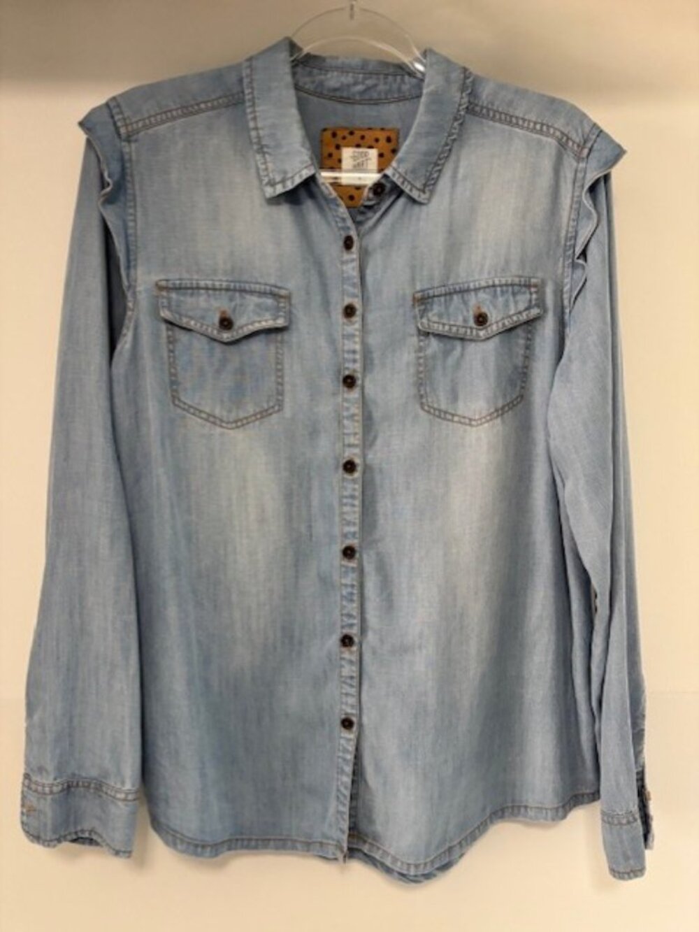Good Hart Matilda Jane Blue Chambray Ruffle Shoulder Button Front Shirt Pockets